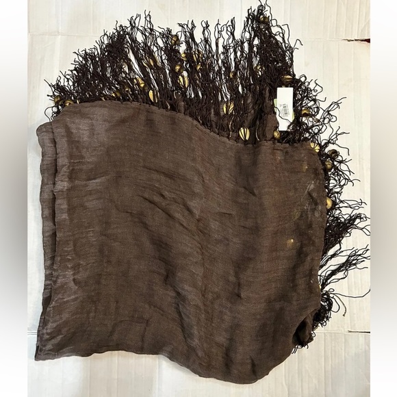 NWT ECHO 100% LINEN DARK BROWN FRINGE METAL BOHO SCARF - SQUARE - 43"X43" NEW - Picture 10 of 12